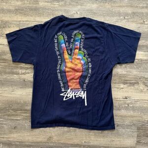Vintage Stussy Peace Sign Navy Blue T-Shirt Size Medium